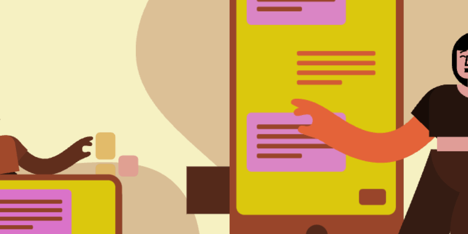 Minimalist illustration of a hand scrolling through a discussion thread on a smartphone.