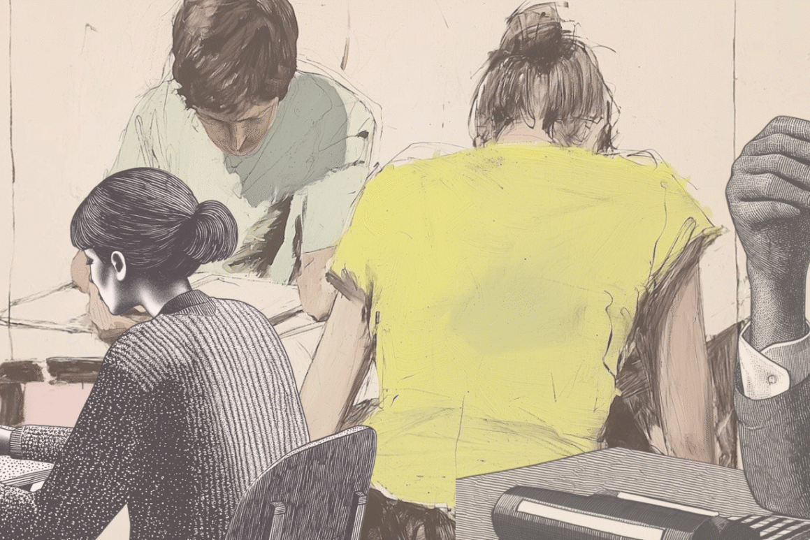 Detailed sketch-style illustration of an instructor and students deeply engaged in various tasks, from coding to writing.
