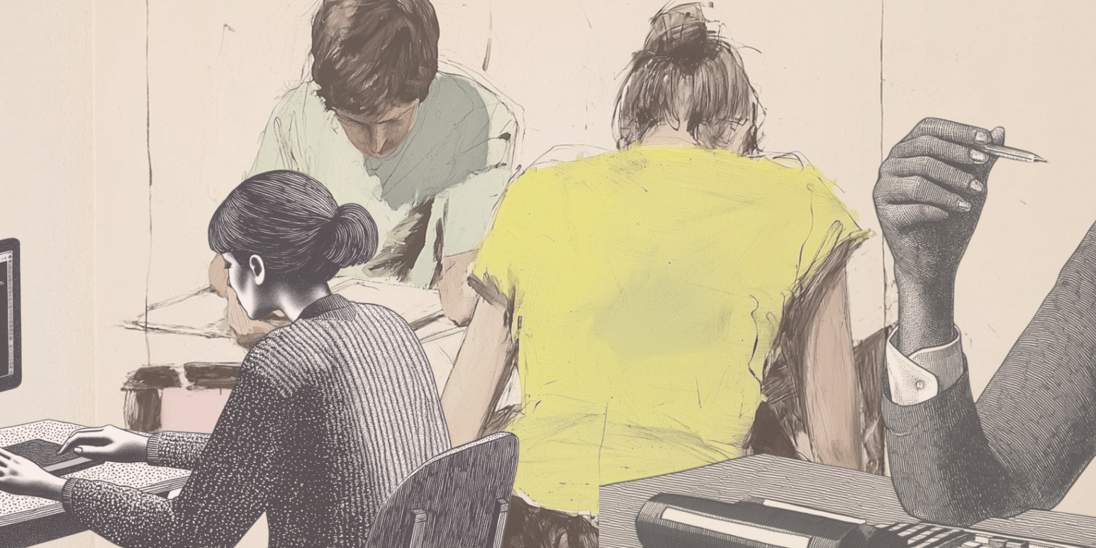 Detailed sketch-style illustration of an instructor and students deeply engaged in various tasks, from coding to writing.