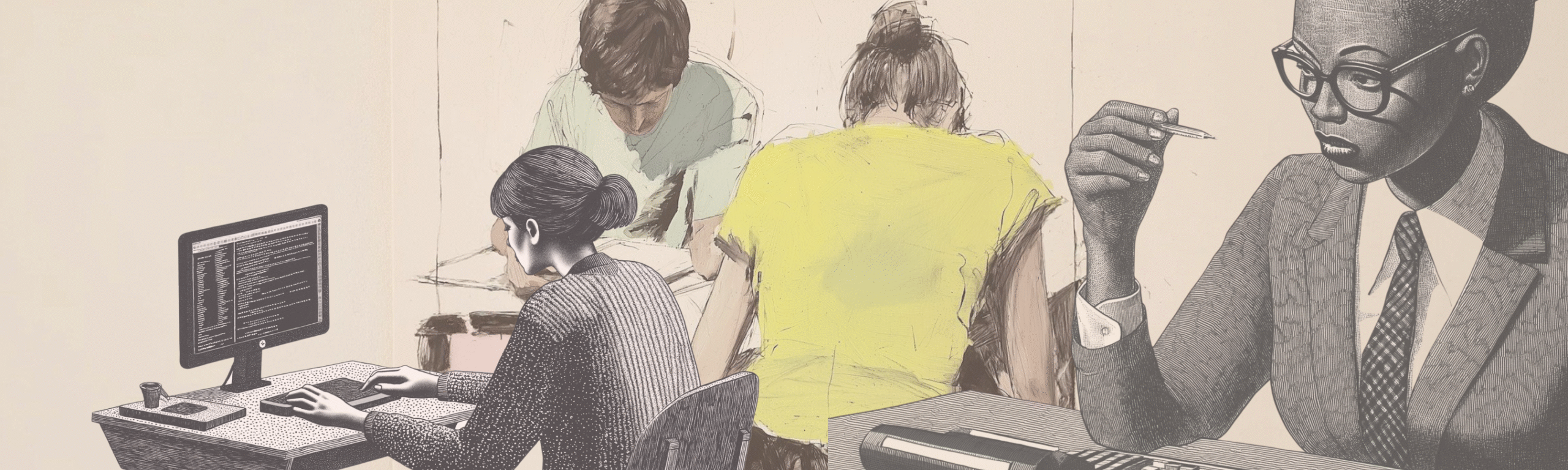 Detailed sketch-style illustration of an instructor and students deeply engaged in various tasks, from coding to writing.