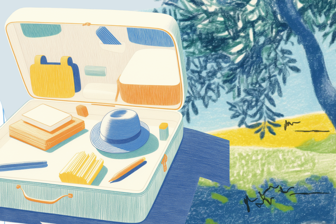 Stylized illustration of a professional looking at an open suitcase of tools against a painterly landscape.