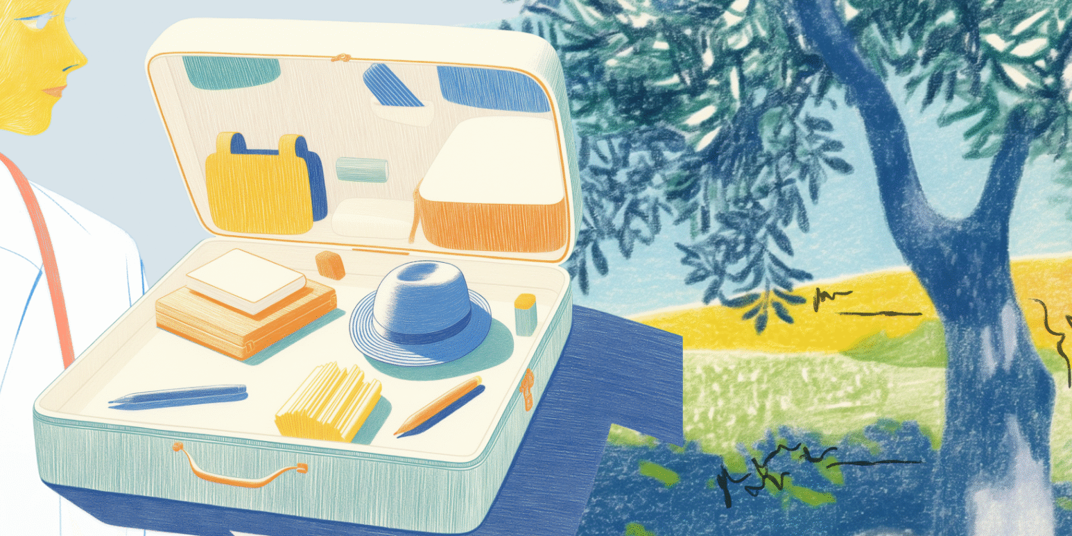 Stylized illustration of a professional looking at an open suitcase of tools against a painterly landscape.