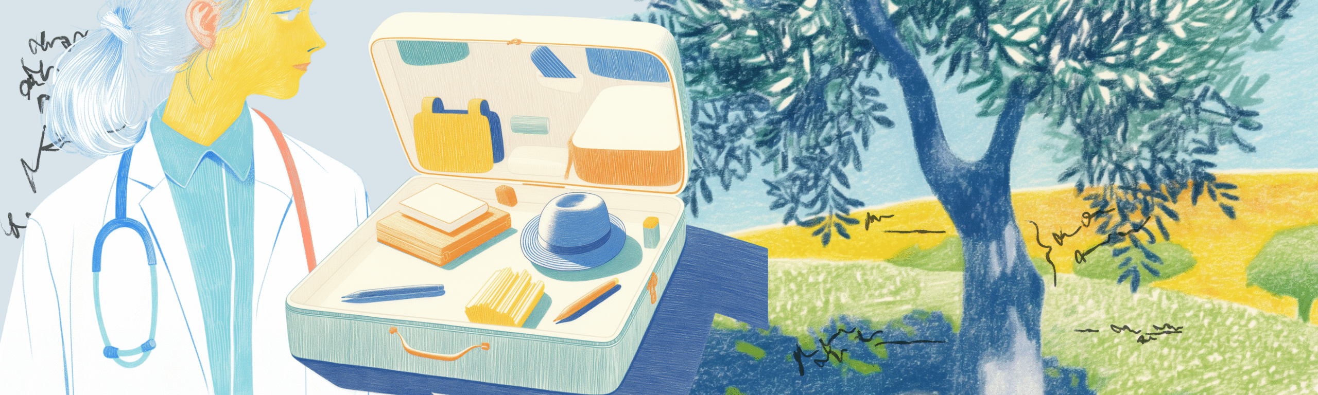 Stylized illustration of a professional looking at an open suitcase of tools against a painterly landscape.