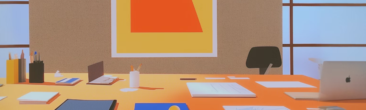 Minimalist workspace with orange desk, laptop, and abstract art. Bright, modern design with natural light and office supplies.