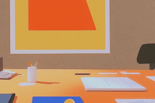 Minimalist workspace with orange desk, laptop, and abstract art. Bright, modern design with natural light and office supplies.