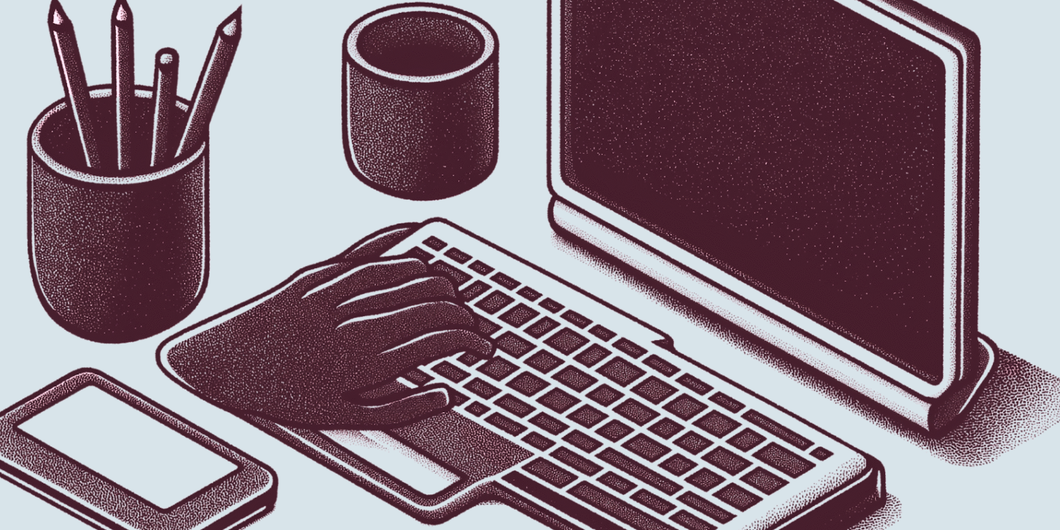Monochrome illustration of a workspace with computer, keyboard, mouse, smartphone, and pencil cup. Minimalist and tech-focused design.
