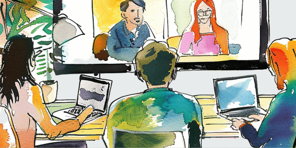 Watercolor illustration of students in a physical classroom using laptops to collaborate with remote peers displayed on a large screen.