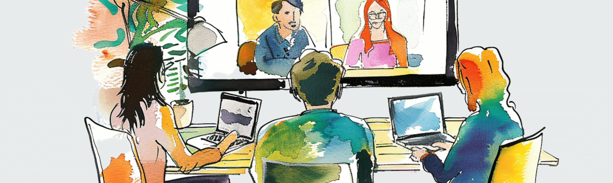Watercolor illustration of students in a physical classroom using laptops to collaborate with remote peers displayed on a large screen.