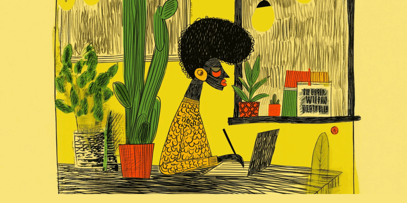 Stylized, warm-toned illustration of a student working at a laptop in a calm, plant-filled personal space.