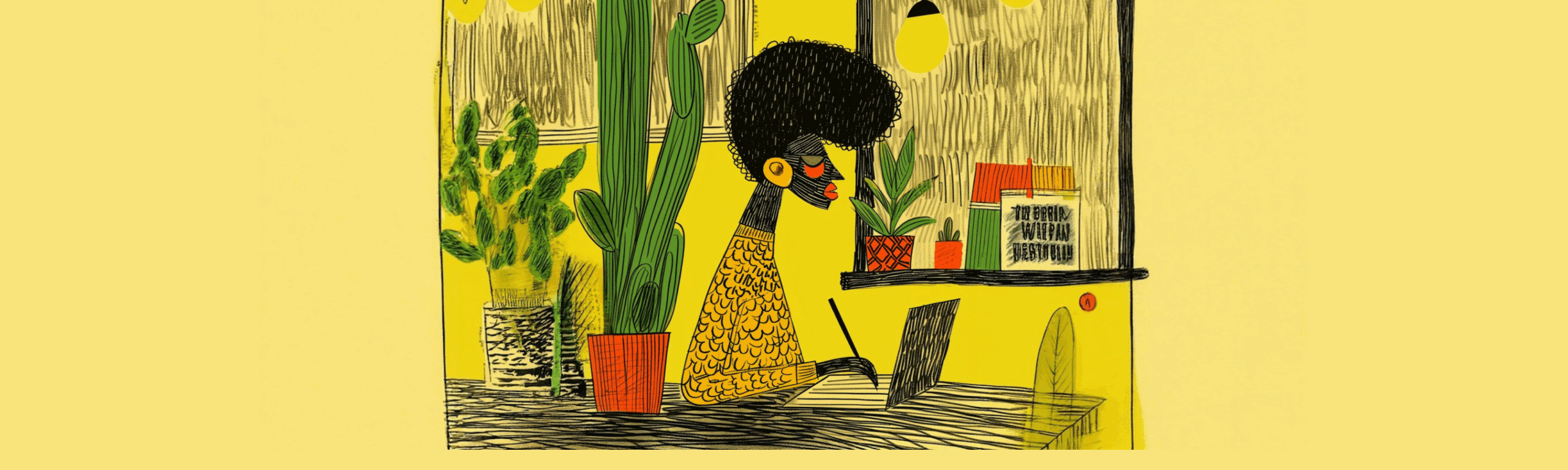 Stylized, warm-toned illustration of a student working at a laptop in a calm, plant-filled personal space.