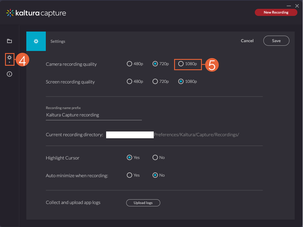 Kaltura Settings Menu