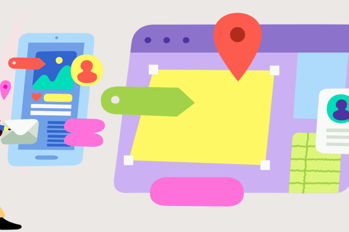 Colorful, stylized illustration of two people interacting with various digital interface elements, representing the creation and navigation of accessible online course materials.
