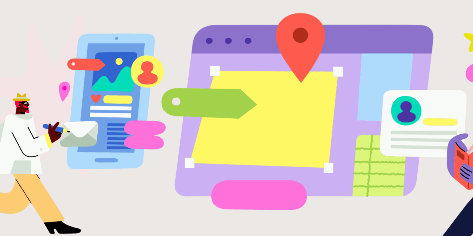 Colorful, stylized illustration of two people interacting with various digital interface elements, representing the creation and navigation of accessible online course materials.