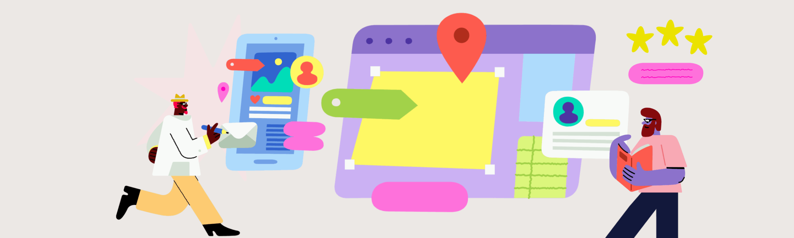 Colorful, stylized illustration of two people interacting with various digital interface elements, representing the creation and navigation of accessible online course materials.