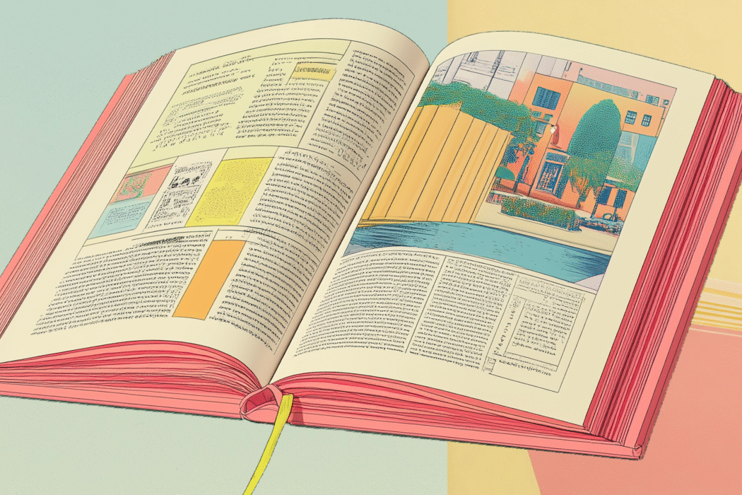 Surreal illustration of an open book revealing a vibrant 3D landscape, alongside a student on a bench and a close-up of a person reading.