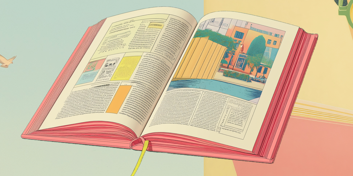 Surreal illustration of an open book revealing a vibrant 3D landscape, alongside a student on a bench and a close-up of a person reading.