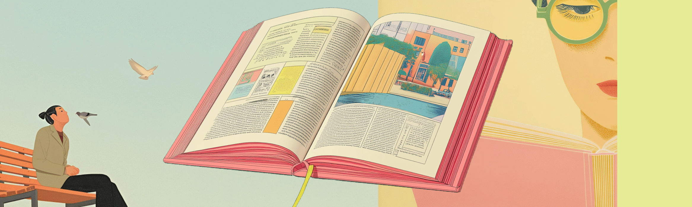 Surreal illustration of an open book revealing a vibrant 3D landscape, alongside a student on a bench and a close-up of a person reading.