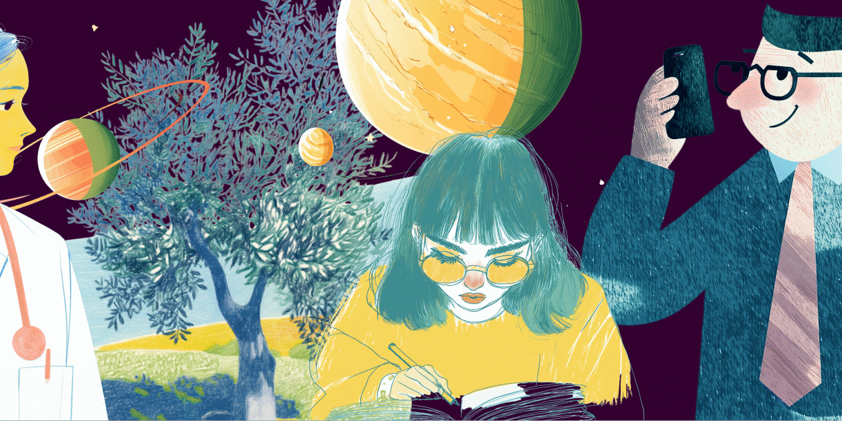 Stylized illustration of a doctor, a student, and a professional in a dreamlike landscape with planets, representing the adaptability of learning across different life roles and environments.