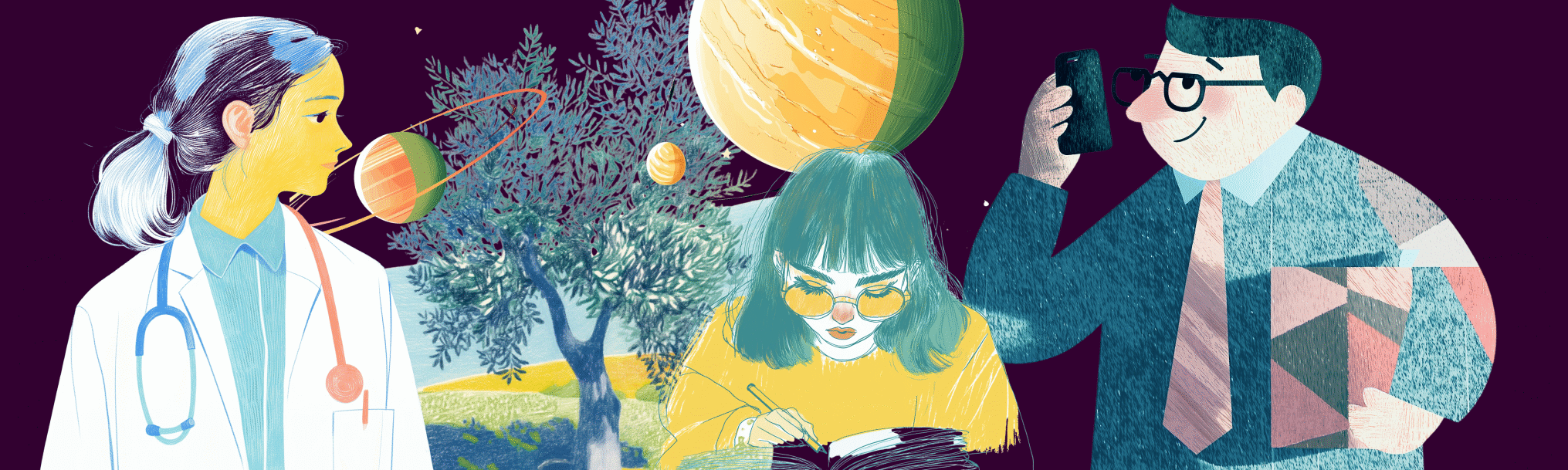 Stylized illustration of a doctor, a student, and a professional in a dreamlike landscape with planets, representing the adaptability of learning across different life roles and environments.
