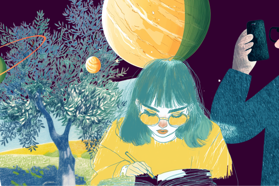 Stylized illustration of a doctor, a student, and a professional in a dreamlike landscape with planets, representing the adaptability of learning across different life roles and environments.