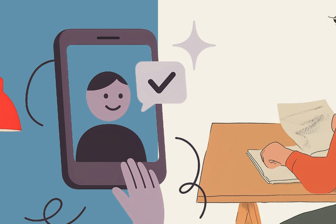 Stylized illustration of a student on a laptop and another student at a desk, connected by a central smartphone displaying a check-mark notification.