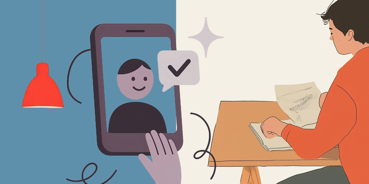 Stylized illustration of a student on a laptop and another student at a desk, connected by a central smartphone displaying a check-mark notification.