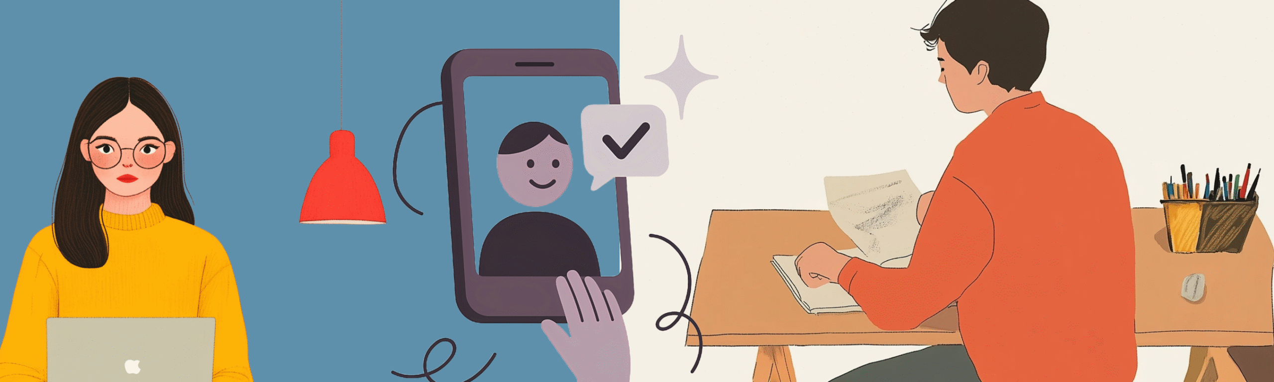 Stylized illustration of a student on a laptop and another student at a desk, connected by a central smartphone displaying a check-mark notification.