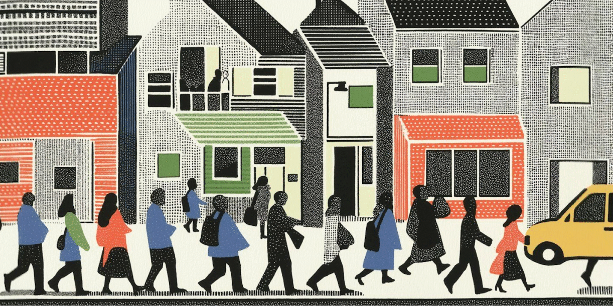 Stylized illustration of a diverse crowd of people walking past colorful urban buildings.