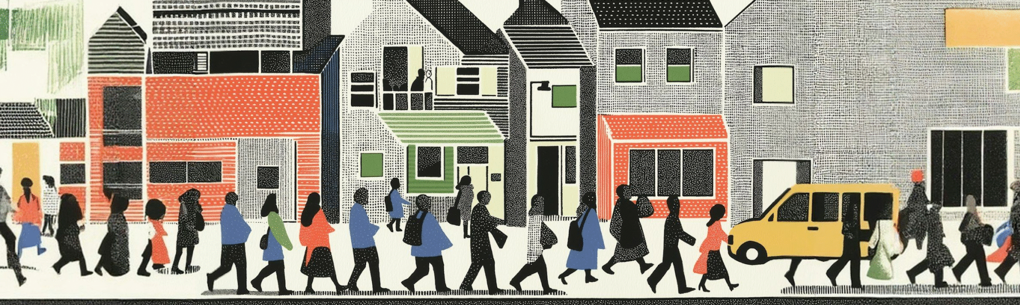 Stylized illustration of a diverse crowd of people walking past colorful urban buildings.