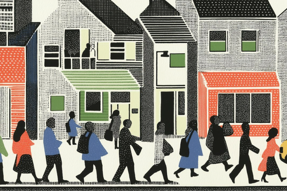 Stylized illustration of a diverse crowd of people walking past colorful urban buildings.
