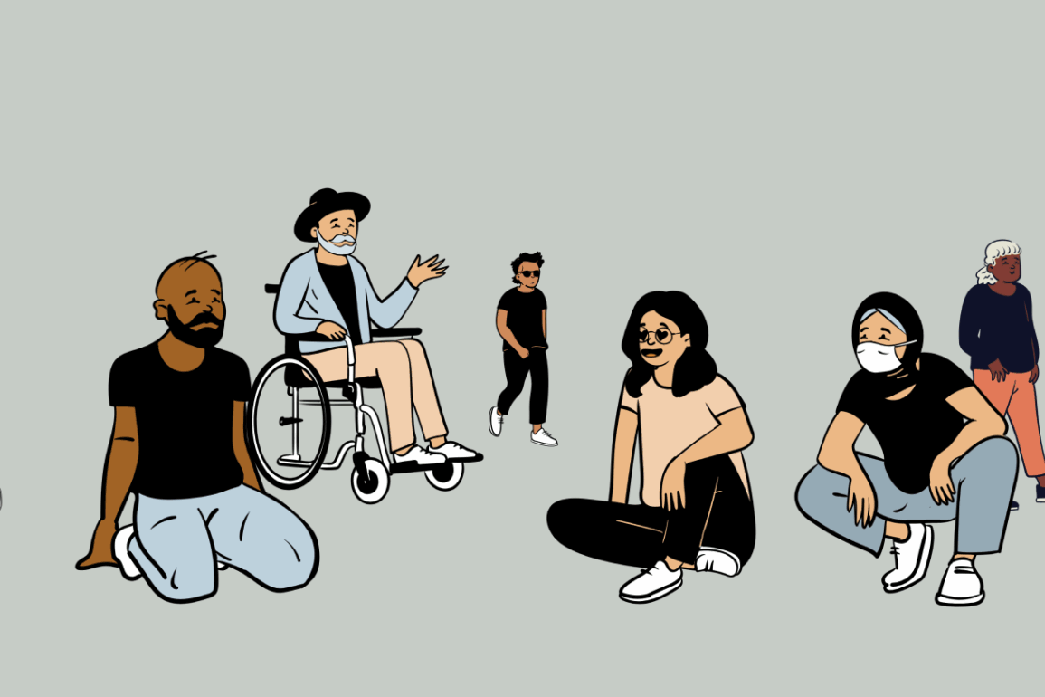Illustration of a diverse group of people, including a cyclist and a wheelchair user, representing student-faculty partnership.