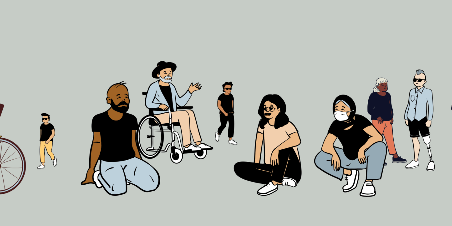 Illustration of a diverse group of people, including a cyclist and a wheelchair user, representing student-faculty partnership.