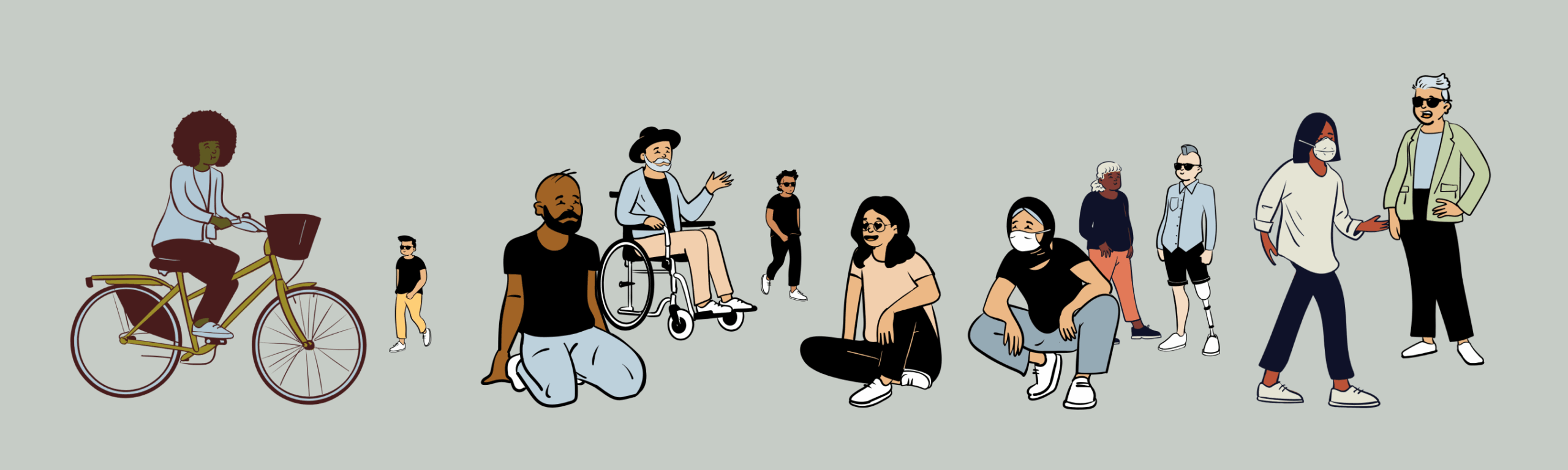 Illustration of a diverse group of people, including a cyclist and a wheelchair user, representing student-faculty partnership.