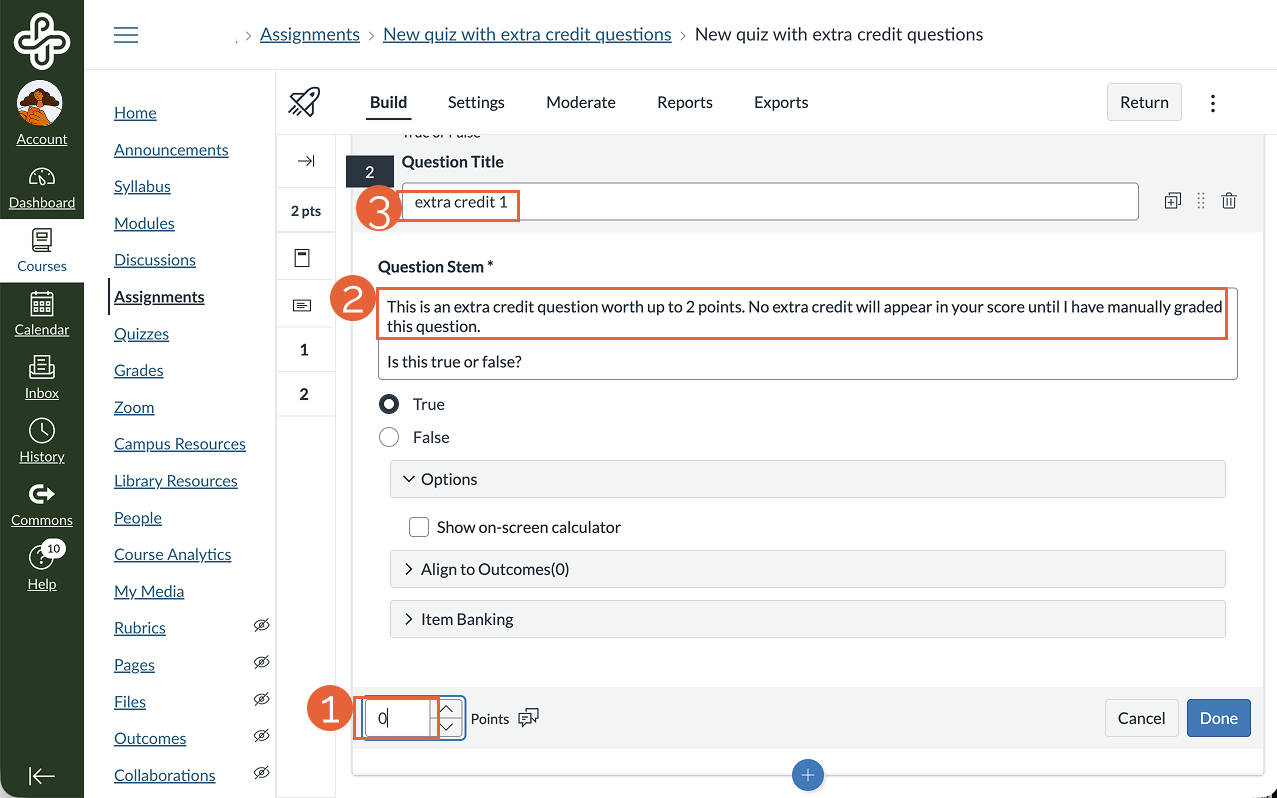 New quiz build page with point value, question prompt area, and question title highlighted.