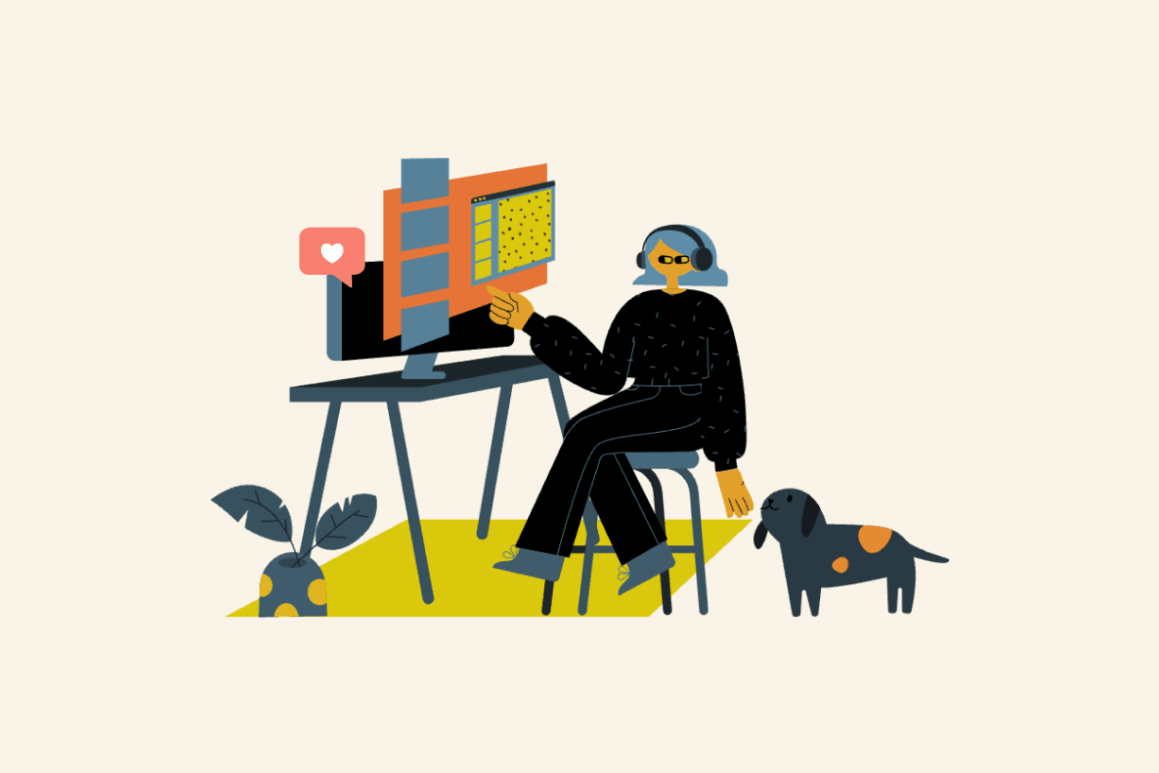 Illustration of a person with a headset at a computer with a 