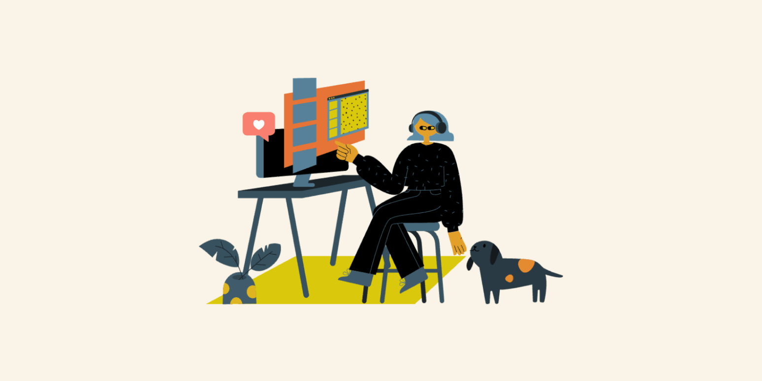 Illustration of a person with a headset at a computer with a