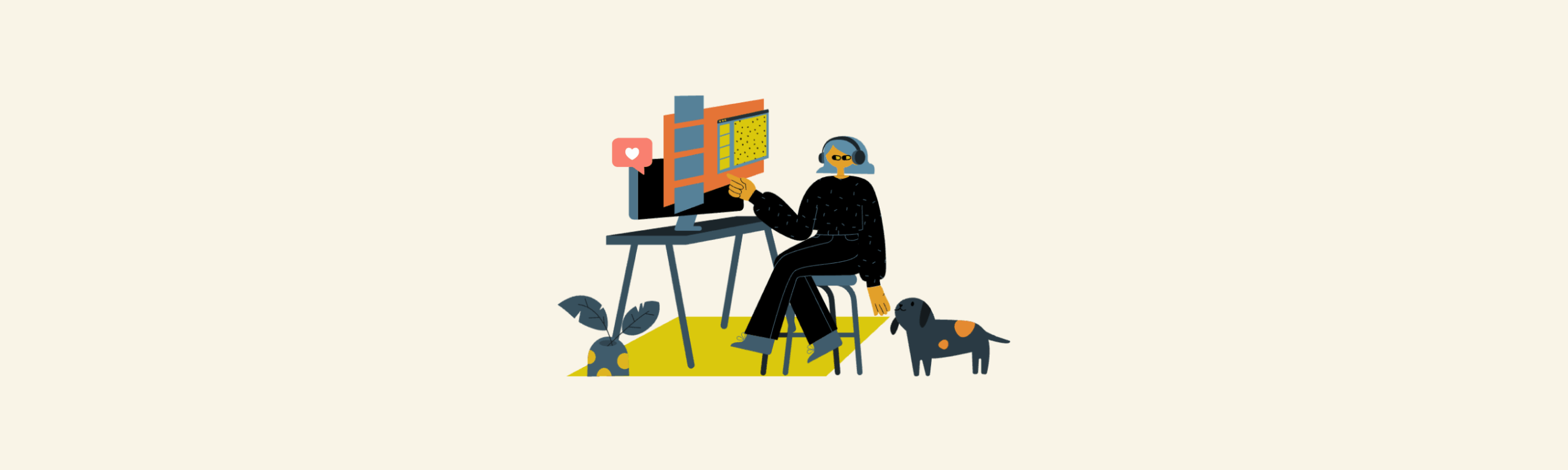 Illustration of a person with a headset at a computer with a 