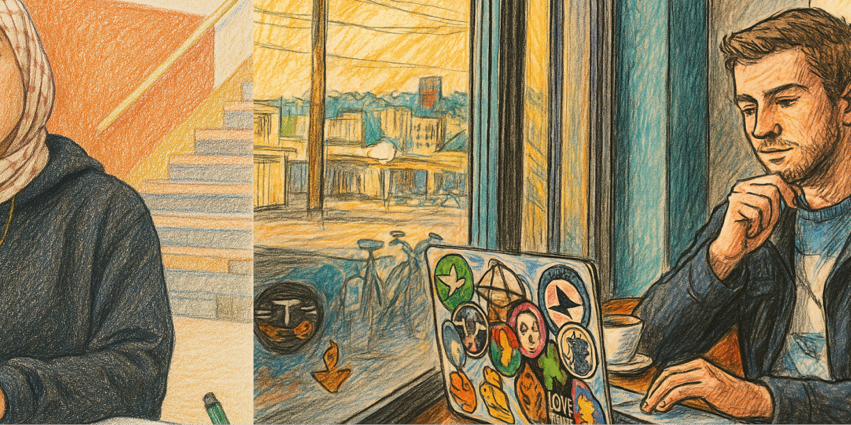 Colored pencil illustration of two people working on laptops in different settings, representing the flexibility of online teaching at PSU.
