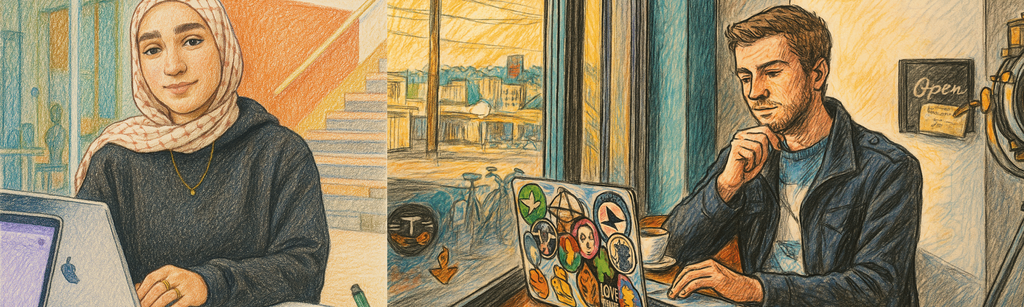 Colored pencil illustration of two people working on laptops in different settings, representing the flexibility of online teaching at PSU.