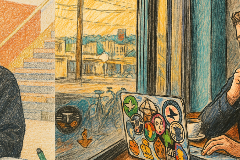 Colored pencil illustration of two people working on laptops in different settings, representing the flexibility of online teaching at PSU.