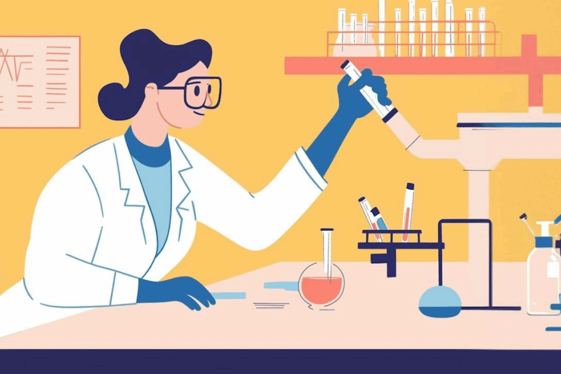 Illustration of a female scientist working with lab equipment, representing women in STEM.