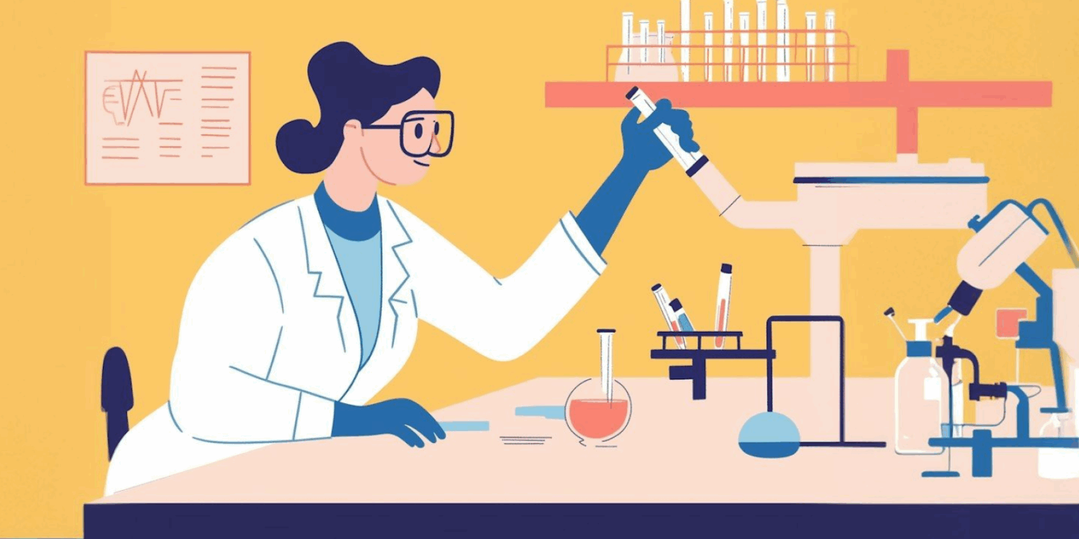Illustration of a female scientist working with lab equipment, representing women in STEM.