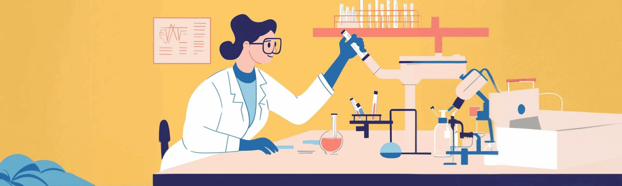 Illustration of a female scientist working with lab equipment, representing women in STEM.