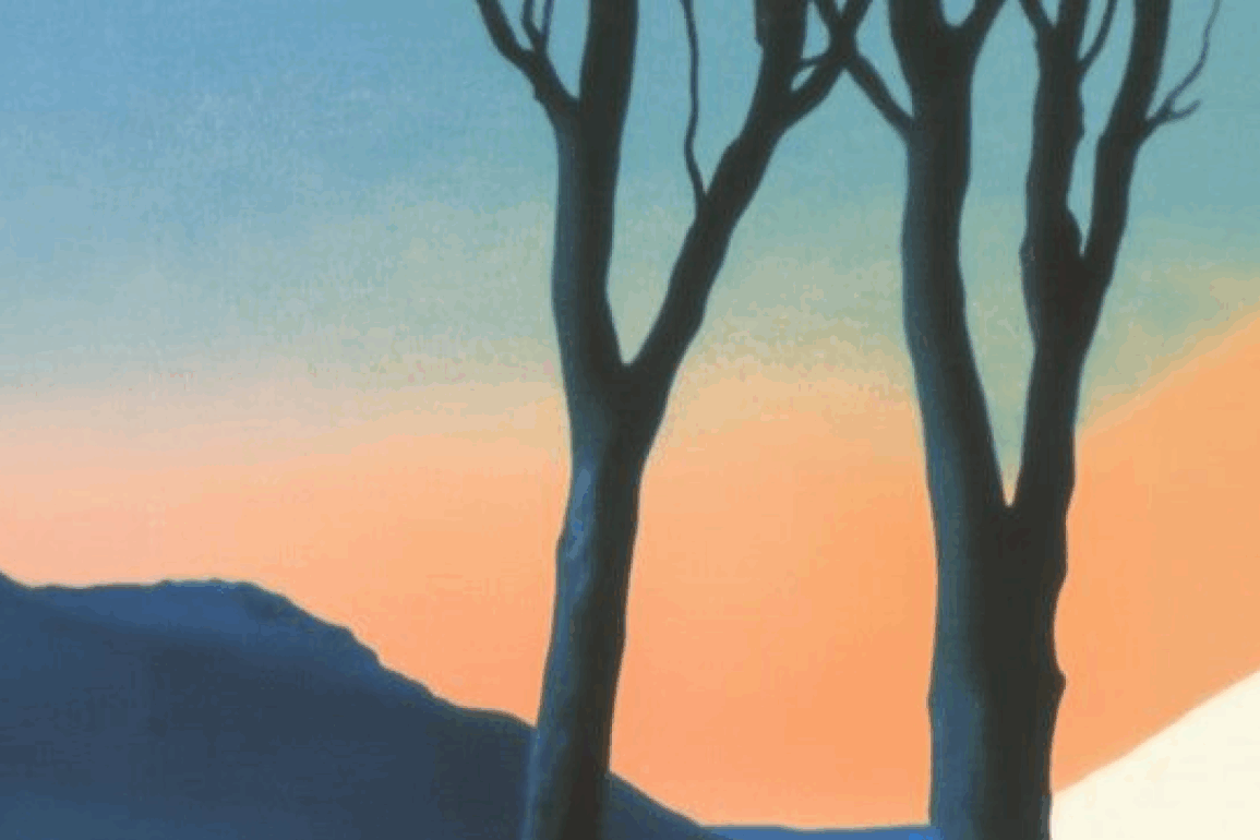 A minimalist landscape showing the silhouette of two bare trees against a split blue and hazy orange sky.
