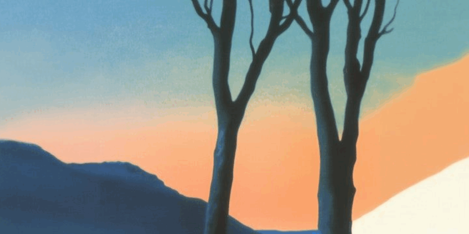 A minimalist landscape showing the silhouette of two bare trees against a split blue and hazy orange sky.