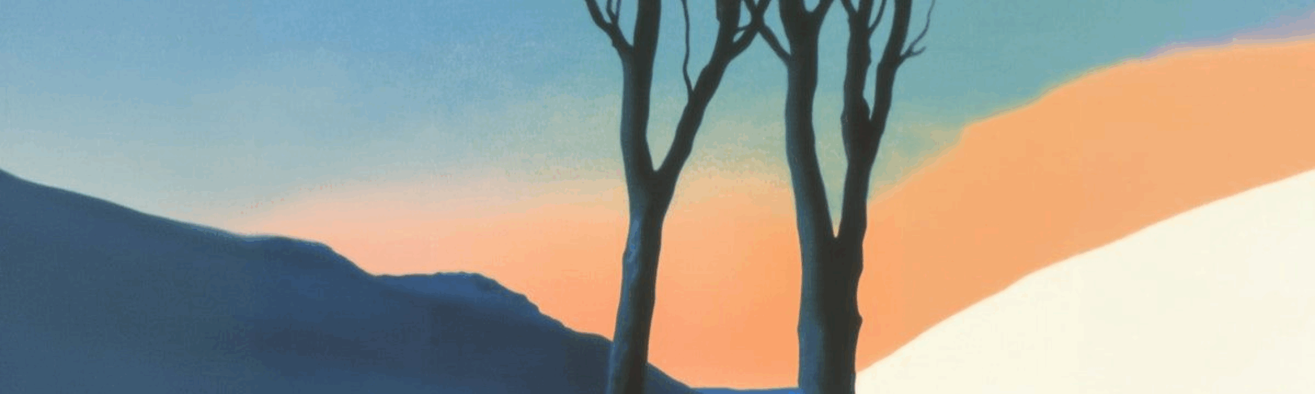 A minimalist landscape showing the silhouette of two bare trees against a split blue and hazy orange sky.