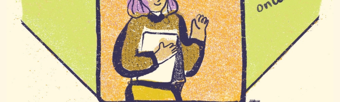A welcoming, textured illustration of an instructor in a digital window, surrounded by handwritten annotations emphasizing ease of use and inclusivity.
