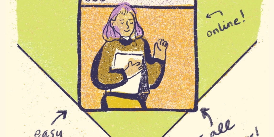 A welcoming, textured illustration of an instructor in a digital window, surrounded by handwritten annotations emphasizing ease of use and inclusivity.
