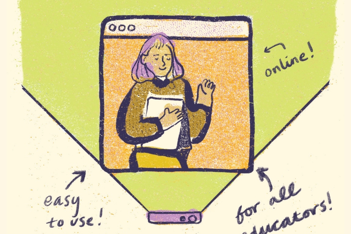 A welcoming, textured illustration of an instructor in a digital window, surrounded by handwritten annotations emphasizing ease of use and inclusivity.
