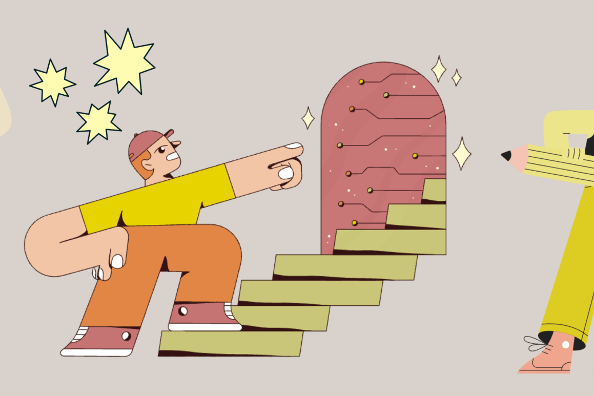A stylized illustration of three graduate teaching assistants using a tablet and a large pencil to navigate a symbolic staircase toward a glowing digital portal.